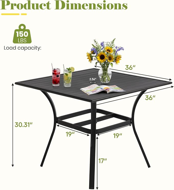 36" Patio Table for 4, Metal Outdoor Dining Table with Coating, Square Steel Slated Outdoor Table with 2" Umbrella Hole for Garden Backyard, Black