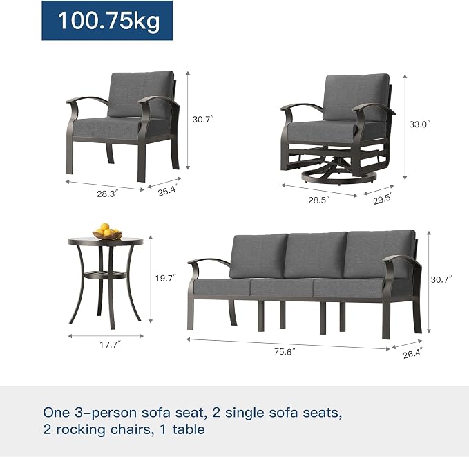 Kullavik Aluminum Patio Furniture Set,7 Piece Modern Metal Outdoor Patio Furniture w/5.1'' Thick Cushion,Swivel Chairs and Round Coffee Table,Patio Conversation Sets for Porch,Deck,Grey