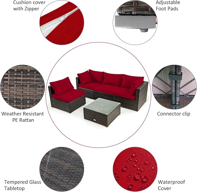 Tangkula 5 Pieces Patio Furniture Set, All Weather Wicker L-Shaped Corner Sofa Set w/Soft Cushions, Outdoor Sectional Conversation Couch Set w/Glass Table for Backyard Garden Poolside (Red)