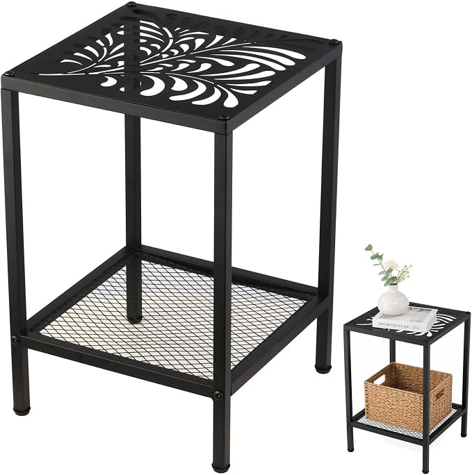2-Tier Metal Side Table Square Small End Table with Storage Shelf Laser-Cut Leaf Pattern Accent Table Indoor Outdoor Small Space Coffee Table for Living Room, Bedroom, Patio, Plant Stand, Black