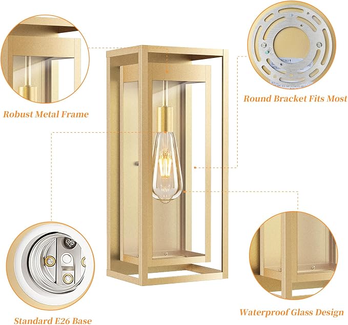19" Gold Outdoor Light Fixture, 2 Pack Large Size Outdoor Sconce Lights with Clear Glass Shade, Waterproof Porch Lighting Exterior Light Fixture for Front Door, Garage