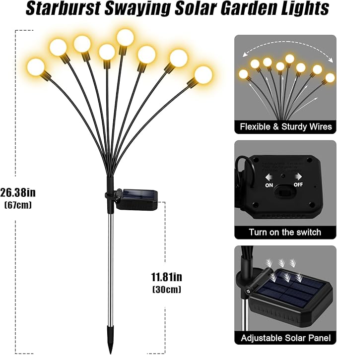 Solar Garden Lights Outdoor Waterproof, Swaying Firefly Light, Garden Decor | 2 Pack Solar Firefly Lights, Auto On/Off Decor for Yard, Patio, Pathway and Lawn, Gifts for Women, Christmas Decor