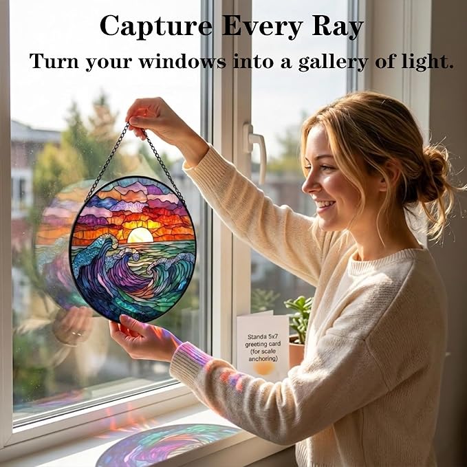 Beach Gifts for Mom - Sunrise Waves Faux Stained Glass Window Hanging Sun Catcher for Door Garden Acrylic Decor Mother's Day Birthday Stocking Stuffer Gift for Women Nana Friend Men Grandma 6.3"