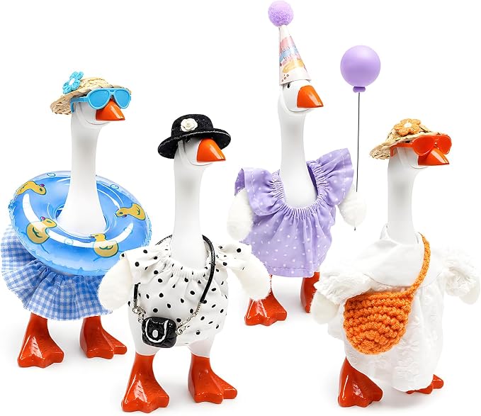 4 Sets Seasonal Small Desk Goose Outfit with DIY Wing, Costume Accessories for 7 Inch Mini Porch Goose, Elegant/Birthday/Farm/Summer Beach Themed Dress Hat Sunglasses Bag Swim Ring, Dress-Up Decor Set