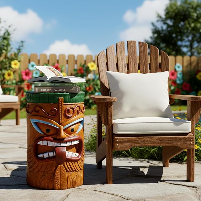 Tiki Outdoor Side Table, Fiber Reinforced Concrete Patio End Table, 20 Inch Decorative Garden Statue Stool with Wood Grain and Tribal Mask Design for Patio, Poolside, Garden, Porch