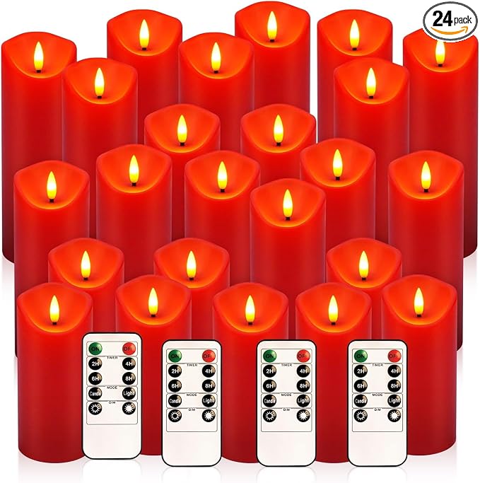 YOROXRG 24 Pack Christmas Decoration Flickering Flameless Candles,LED Candles Battery Operated Pillar Candles with Remote Control.for New Year, Home Decor, Parties,Wedding(D2.2 xH 5" 6" 7" Red)