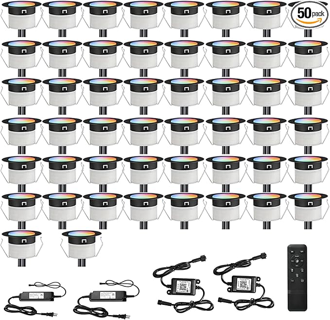 LED Deck Lights Kit, 50pcs Φ1.22 WiFi Smart Phone Control Low Voltage Recessed RGBW Deck Lighting Waterproof Outdoor Yard Path Stair Decor, Black