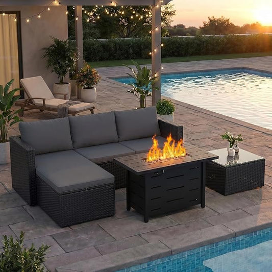 JAMFLY 4-Piece Patio Furniture Set with 43" Propane Fire Pit Table, Grey | All-Weather PE Wicker Sectional Sofa, Outdoor Conversation Set for Garden, Backyard & Deck