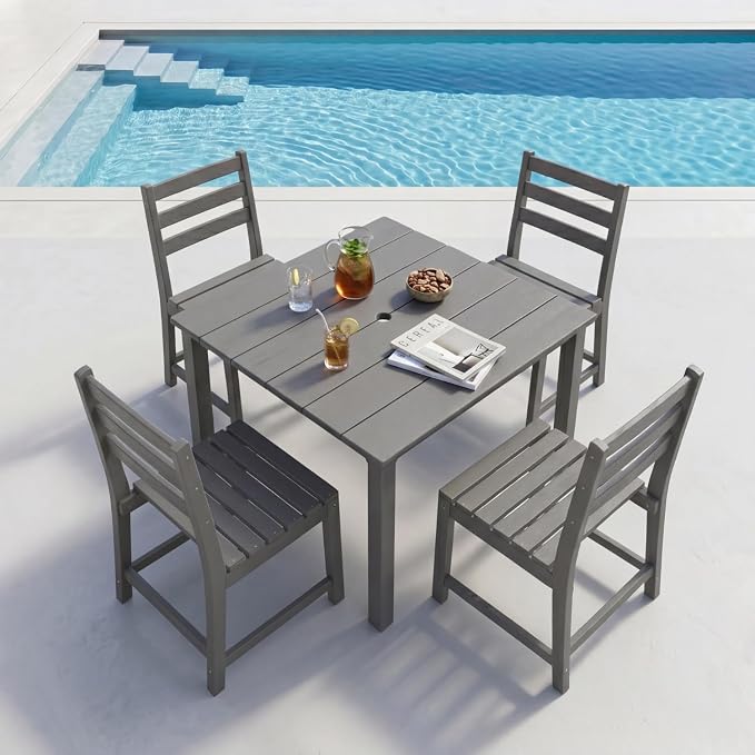 HDPE Outdoor Dining Set for 4, Square Table and Chairs, Grey | All-Weather HDPE, Wood Grain Finish, 42.5" Square Table, Built-In Umbrella Hole, Seats 4, Patio & Poolside Ready