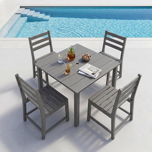 HDPE Outdoor Dining Set for 4, Square Table and Chairs, Grey | All-Weather HDPE, Wood Grain Finish, 42.5" Square Table, Built-In Umbrella Hole, Seats 4, Patio & Poolside Ready