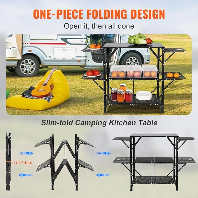 VEVOR Camping Kitchen Table, Aluminum Folding Portable Outdoor Cook Station with 4 Iron Side, 2 Shelves & Carrying Bag, Quick Installation for Picnic BBQ Beach Traveling