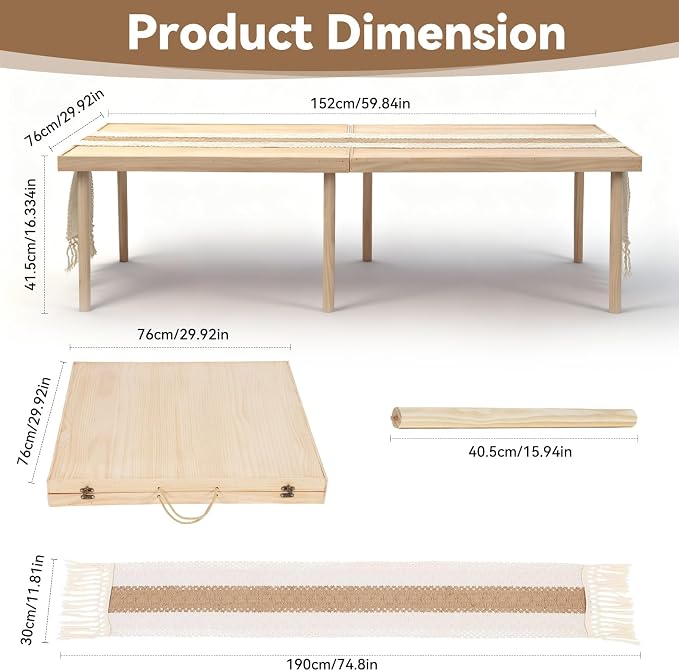 Portable Wooden Outdoor Low Picnic Table for Floor Seating, Beach, Camping, BBQ, Backyard, 60x30in