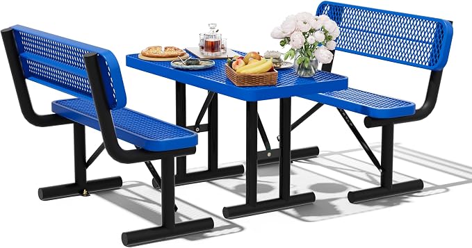 4FT Outdoor Metal Picnic Table with 2 Benches,Heavy Duty Rectangular Picnic Table Set for Outside, Waterproof Commercial Restaurant Table Furniture for Park, Campfield, Patio, Garden, Yard
