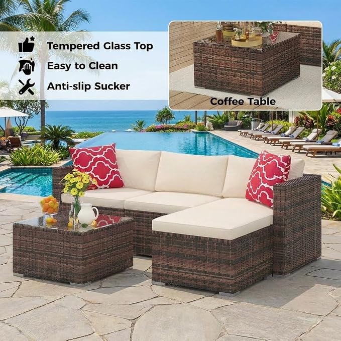 5-Piece Outdoor Sectional Sofa Set, Outdoor Patio Set Sectional Sofa, All-Weather PE Rattan Patio Furniture with Ottoman & Tempered Glass Table for Garden, Backyard, Porch, Poolside (Brown/Beige)