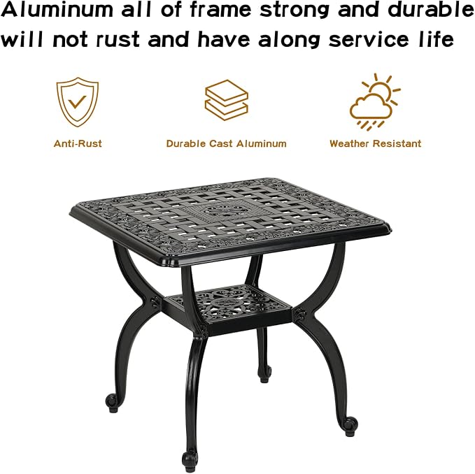 YKSY&YKSY Jardin DE Centennial Cast Aluminum Outdoor Side Table,Anti-Rust Outdoor End Table,Patio Coffee Bistro Table for Indoor,Garden,Porch,Balcony(Square Black)