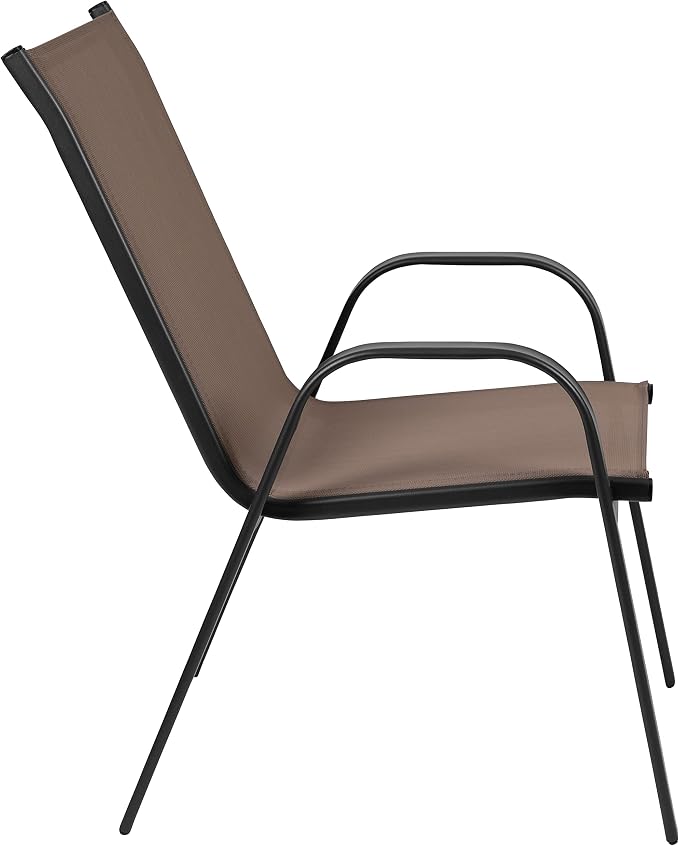 Merrick Lane Bardwell 5 Piece Outdoor Dining Table Set for 4 with Glass-Top Patio Table and 4 Stack Chairs with Flex Comfort Material in Brown