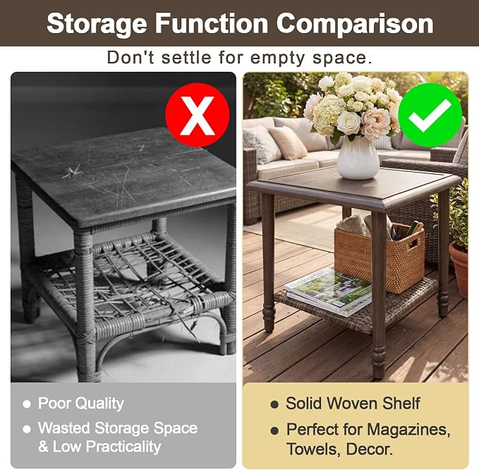 2PCS Wicker Outdoor Side Table, Heavy Duty Iron Patio Table for Porch Balcony Deck Garden Poolside