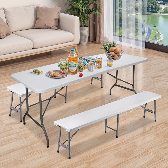 ZENY 6 Feet Picnic Table Set with 2 Benches, 3-Piece Camping Table Chair Set for Dining, Party, Garden, White