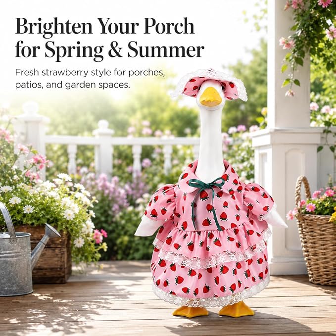 Spring Summer Porch Goose Outfit, Pink Strawberry Goose Costume for 23 Inch Goose Statue, with Lace Trim and Matching Hat, Spring Summer Outdoor Yard Lawn Patio Decor