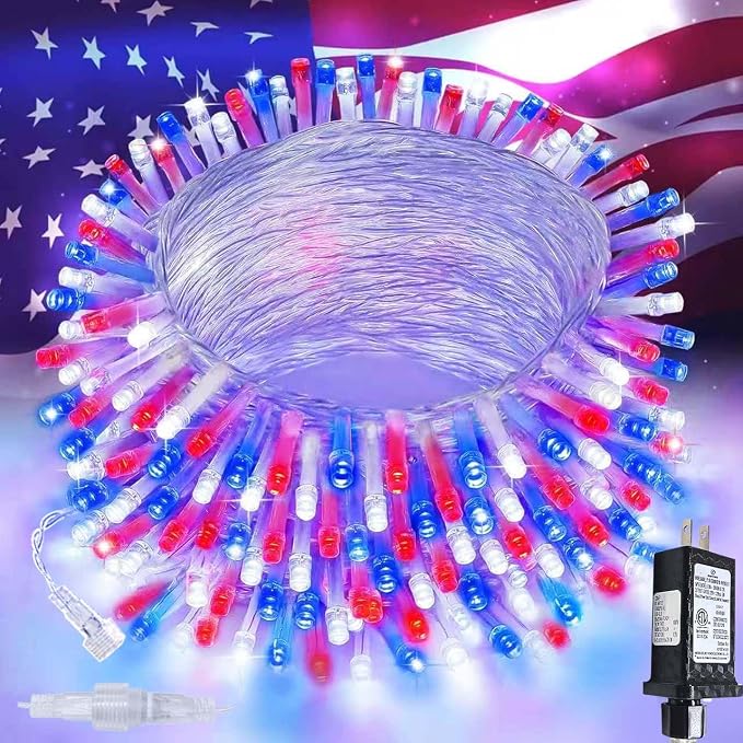 200 LED Connectable String Lights, 66FT American Flag Lights Outdoor Indoor | Red Blue and White, 13 Modes, Timer, Clear Wire Waterproof Twinkle Fairy Lights Plug in for 4th of July, Memorial Day Decor