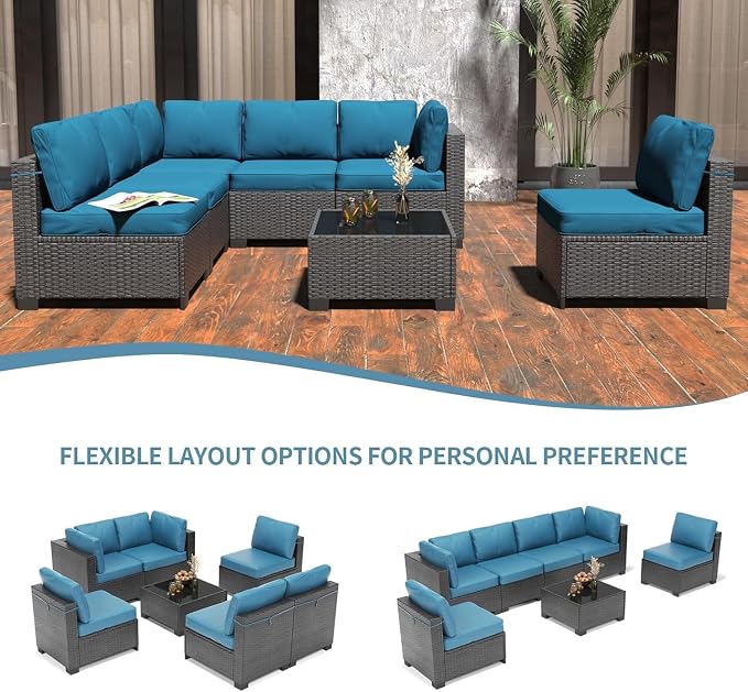 7 Piece Patio Furniture Set, Outdoor Modular Wicker Sectional Couch with Tempered Glass Coffee Table, All-Weather Rattan Conversation Set with Washable Cushions for Backyard, Garden, Deck
