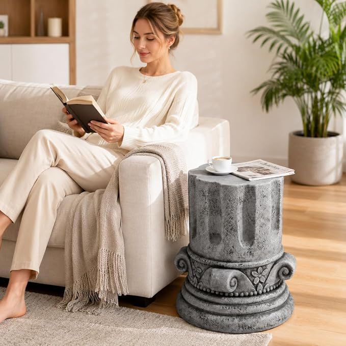 Stone Side Table,Round Faux Marble Side Table,Modern Small Stone End Table for Balcony, Tree Stump Garden Stool DrumTable Indoor and Outdoor (Gray-14.4"-2)