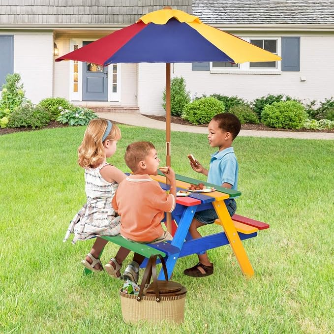 Olakids Kids Picnic Table, Outdoor Toddler Wooden Table and Chair Set with Removable Umbrella, Children Activity Furniture Bench Set for Patio Garden Backyard