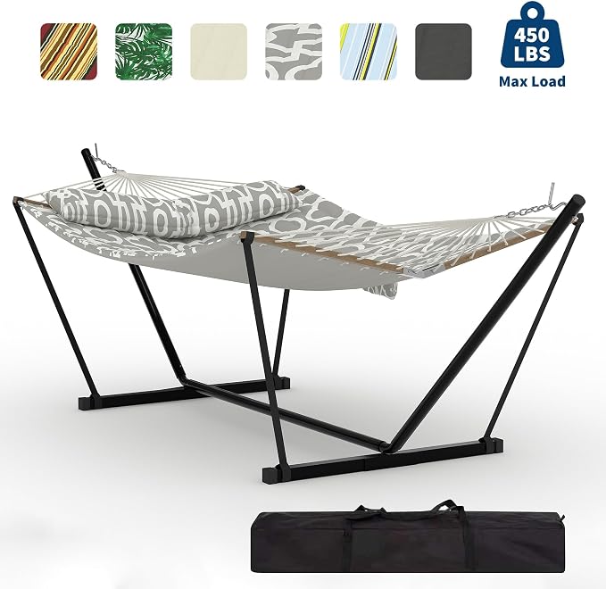 2 Person Heavy Duty Outdoor Hammock with Stand, Portable Double Hammock with Hardwood Spreader Bar, Pillow & Balance Ropes, 450LB Max Capacity with Carry Bag for Patio Backyard Garden Beach