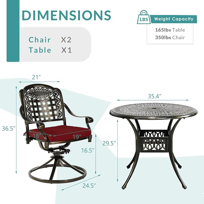 MEETWARM 3-Piece Outdoor Patio Dining Set, All-Weather Cast Aluminum Patio Conversation Set, 2 Cushions Swivel Rocker Chairs and 35.4" Round Table for Backyard Garden Deck, Umbrella Hole, Chili Red