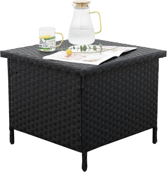 WAROOM Patio Side Table with Storage Resin Rattan Outdoor End Table Wicker Storage Table for Garden Backyard Porch Poolside, Black