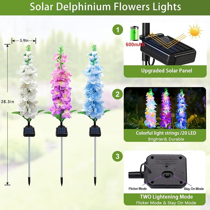 MRHEPHAESTUS Solar Garden Lights, 6 Pack 20 LEDs Solar Delphinium Flowers Lights Gifts for Mom Grandma Women, Waterproof Solar Outdoor Lights Two Lighting Modes for Wedding Garden Yard Patio Decor