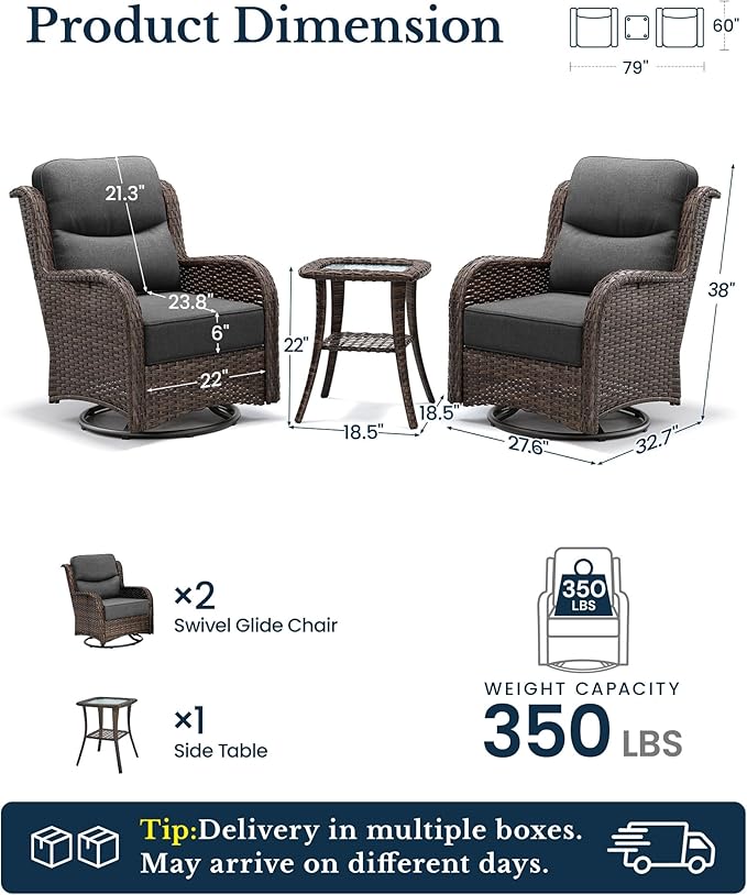 HILLGA 3-Piece Luxury Patio Furniture Set with 6" Thick Cushions, Weather-Resistant Wicker High Back Swivel Rocker Chairs, Senior-Friendly Conversation Set for Small Porch, Deck and Sunroom, Gray(V2)