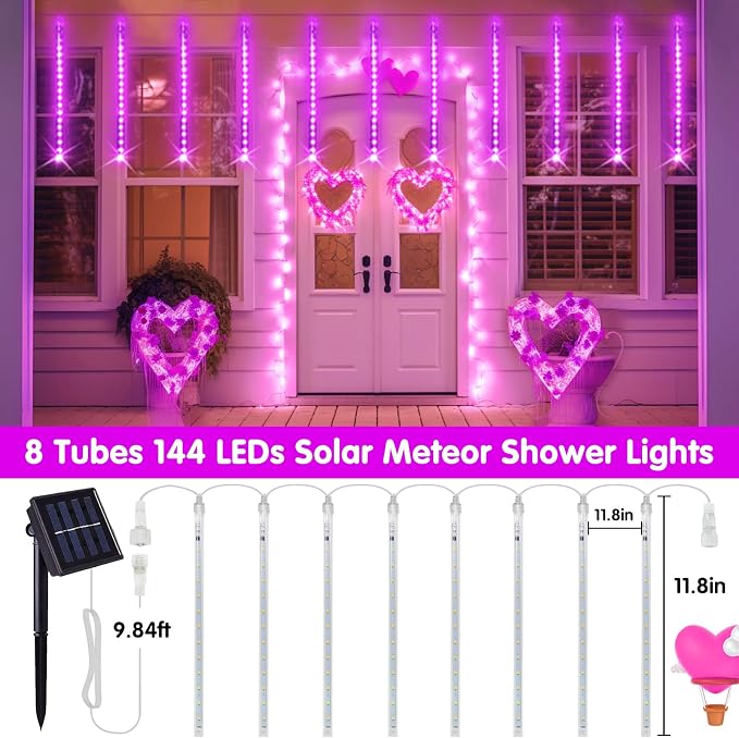 JMEXSUSS Pink Solar Meteor Shower Lights Outdoor, 8 Tube 144 LEDs | Solar Christmas Lights for Tree Eave Holiday Party Patio House Wedding Valentine's Day Decor