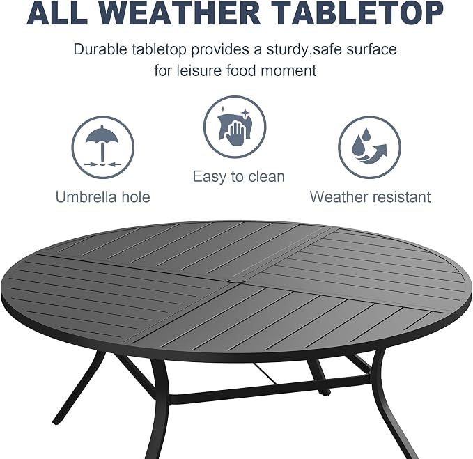 VICLLAX 60" Round Patio Dining Table for 8-10, All Weather Metal Outdoor Table with 1.57" Umbrella Hole and Surdy Frame for Garden Lawn Deck, Black