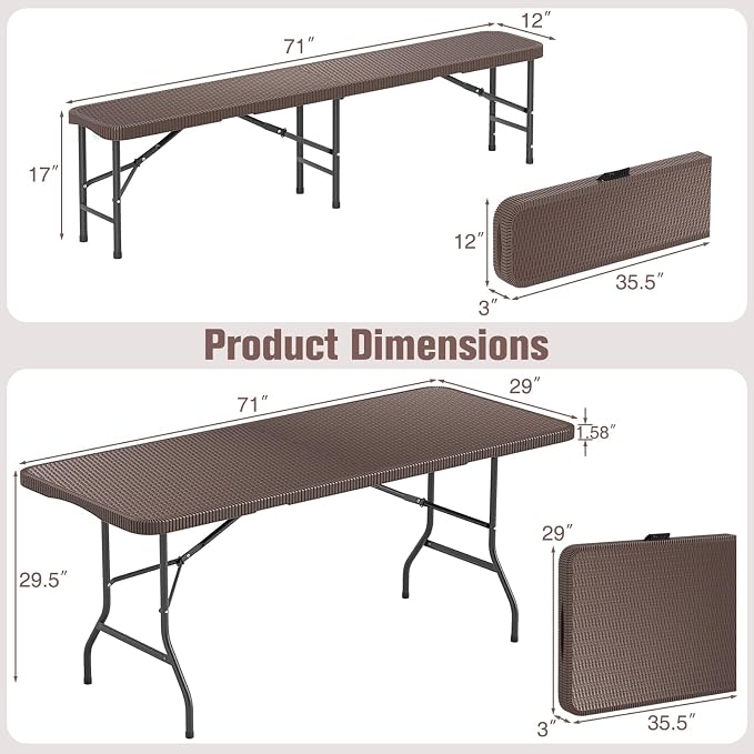 Goplus 6 FT 3-Piece Portable Picnic Table Bench Set, HDPE Rattan-Like Plastic Folding Picnic Tables with Benches, Foldable Patio Camping Beer Table, Indoor & Outdoor Folding Table and Chairs