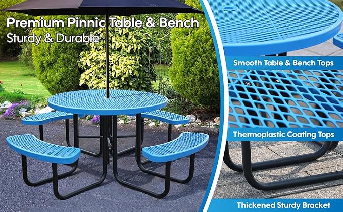 46 Inch Round Outdoor Metal Picnic Table, All-Weather Patio Dining Set for 6-8 Adults, Heavy Duty Steel with Central Umbrella Hole, Perfect for Garden, Backyard, Deck & Small Spaces - Easy Assembly