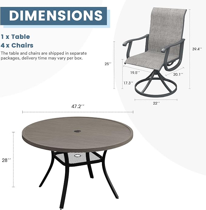 DIFY Outdoor Dining Set for 4, 5 Piece Patio Table and Chairs Set, Swivel Patio Chairs with Grey Textilene & 47.2" Grey Wood-Like Round Metal Dining Table with Umbrella Hole, for Garden Backyard Deck