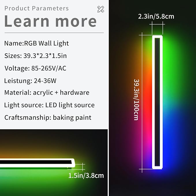 39inch Modern Long Wall lights Outdoor, 10 Colour Variations Dimmable Wall Mount Lights Fixtures, IP65 Waterproof 3000K-6000K Multicolor LED Exterior Wall Sconce for House, Yard, Patio, Porch