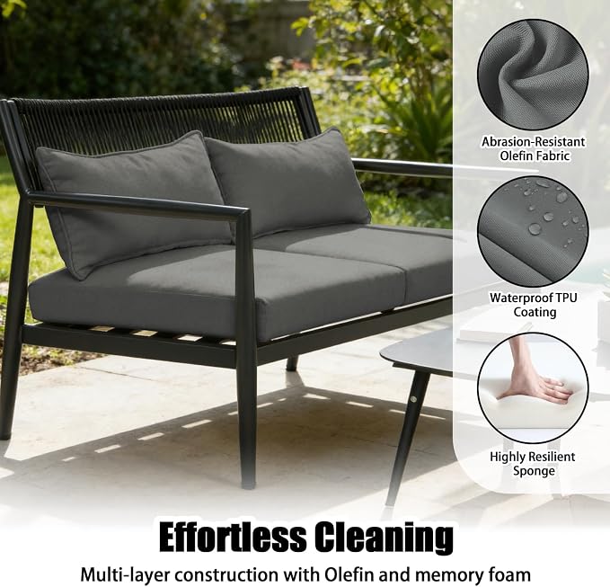 Outdoor Patio Furniture Set, 4 Seats Outdoor Sectional with Coffee Table, Patio Conversation Sets with PE Rope, Outdoor Sectional Sofa with Thick Cushions for Balcony, Porch (Dark Gray)