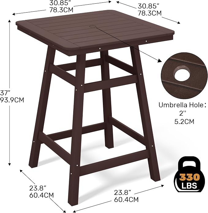 Costaelm Outdoor Bar Table, 37" Counter Height Square Patio Cocktail Bar Table with Umbrella Hole, Patio Bistro Dining Pub Table for Front Porch Deck Backyard Garden, Dark Brown