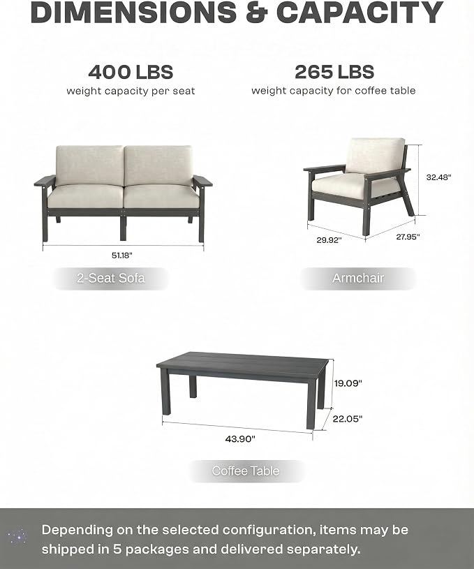 HDPE 5 Piece Patio Furniture Set, Outdoor Couch with Washable Thick Beige Cushions & Coffee Table, Outdoor Sectional Furniture for Backyard, Deck, Lawn, Porch (Gray Frame)