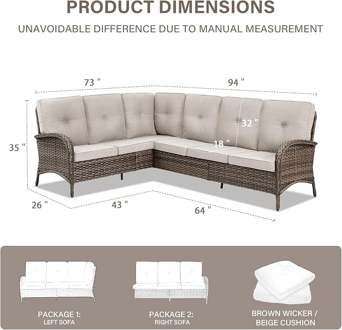 Belord 6-Seater Outdoor Sectional Sofa L Shaped Couch Patio Conversation Furniture Set, PE Wicker Patio Sectional Sofa with Removable Beige Cushion for Deck Sunroom Backyard