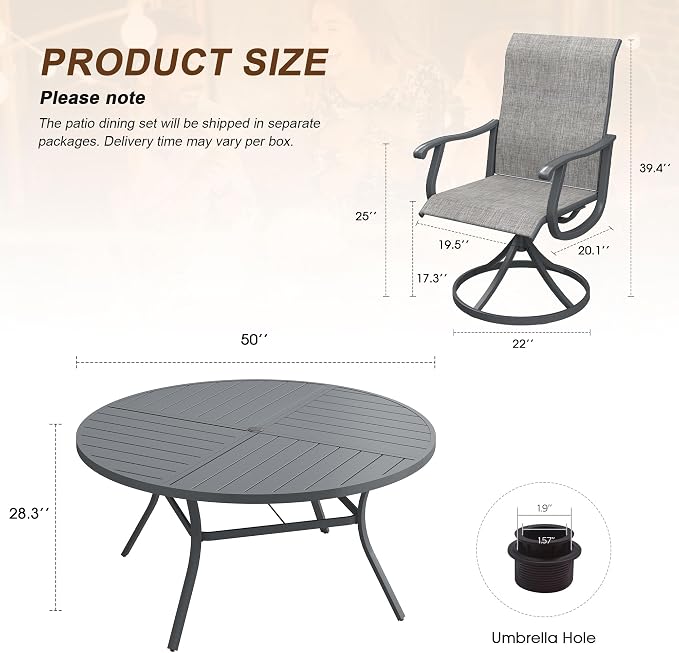 VICLLAX Patio 7 Pieces Outdoor Dining Set, 50" Round Metal Table with Umbrella Hole and 6 Swivel Textilene Chairs for Lawn, Garden, Porch,Dark Grey/Grey