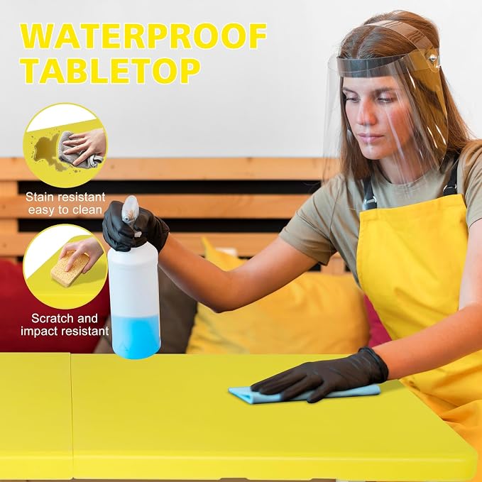 Anwick 4 Foot Folding Table Portable Fold-in-Half Plastic Picnic Table w/Handle and Steel Legs for Indoor, Outdoor, Camping, Party, Garden (Yellow, 4ft)