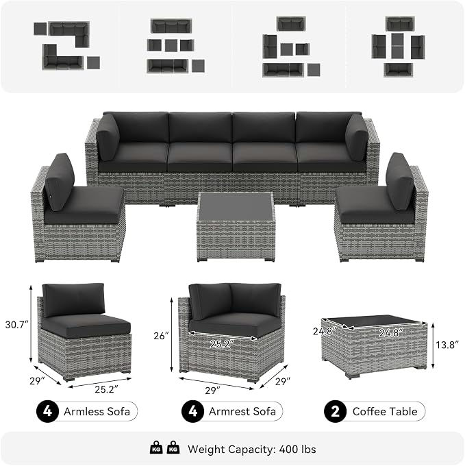 LazySunsets 10-Piece Patio Furniture Set, Wicker Rattan Outdoor Furniture with Thick Cushions, Patio Conversation Sets with Coffee Table, Outdoor Sectional Couch Sofa, Black