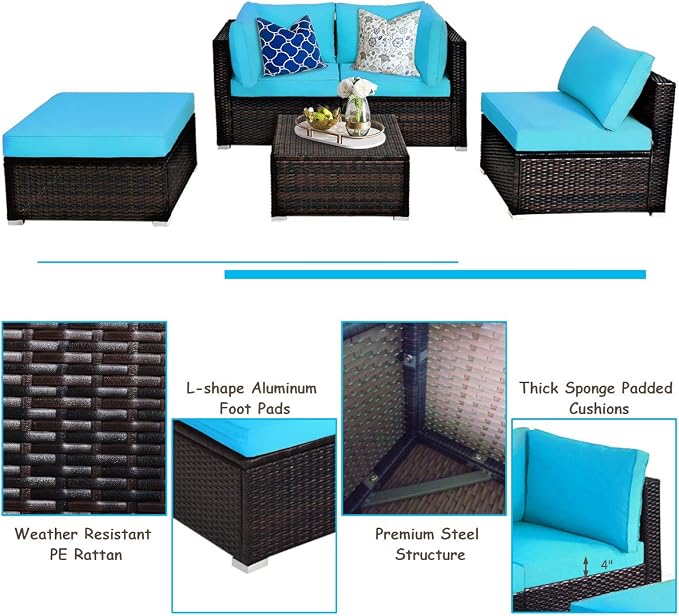DORTALA 5 Pieces Patio Rattan Furniture Sets, Sectional Sofa Conversation Set w/Steel Frame & Sponge Cushions, Modern Wicker Combination Sofa Set w/Ottoman & Table for Garden Lawn Balcony, Turquoise