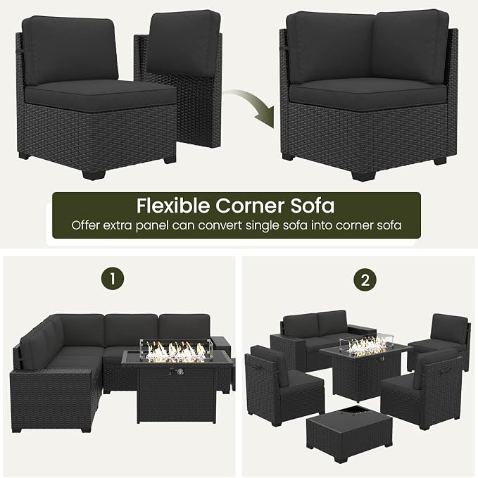 LayinSun 7 Pieces Outdoor Patio Furniture Set with 44" Fire Pit Table Rattan Sectional Sofa Conversation Sets