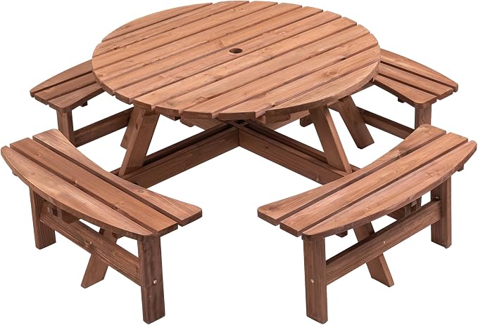 8 Person Outdoor Picnic Table with Wooden Bench, Round Picnic Table Dining Table w/ 4 Built-in Benches ,Umbrella Hole, Outside Table and Bench Set for Garden, Backyard, Porch, Patio, 2220lb Capacity
