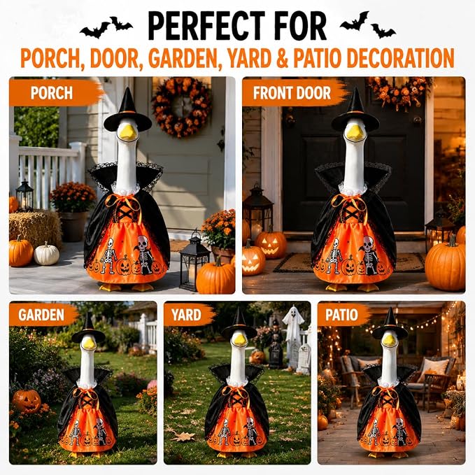 STONESTAR Halloween Porch Goose Outfits for 23'' Lawn Geese Statue Goose Costume with Pumpkin Dress Witch Hat Lace-Trim Cape, Outdoor Garden Goose Decor for Patio Yard Lawn Art Halloween Ornament