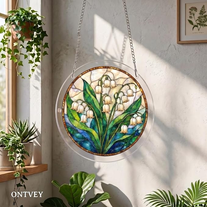 Acrylic Jigsaw Puzzle Suncatcher - Lily of the Valley Puzzle Window Hanging Kit, 83 Irregular Pieces & Hanging Chain - Creative DIY Home Indoor & Garden Decor (7.4 Inch)